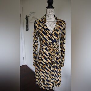 Calvin Klein Navy and Gold Chain Print Long Sleeve Dress